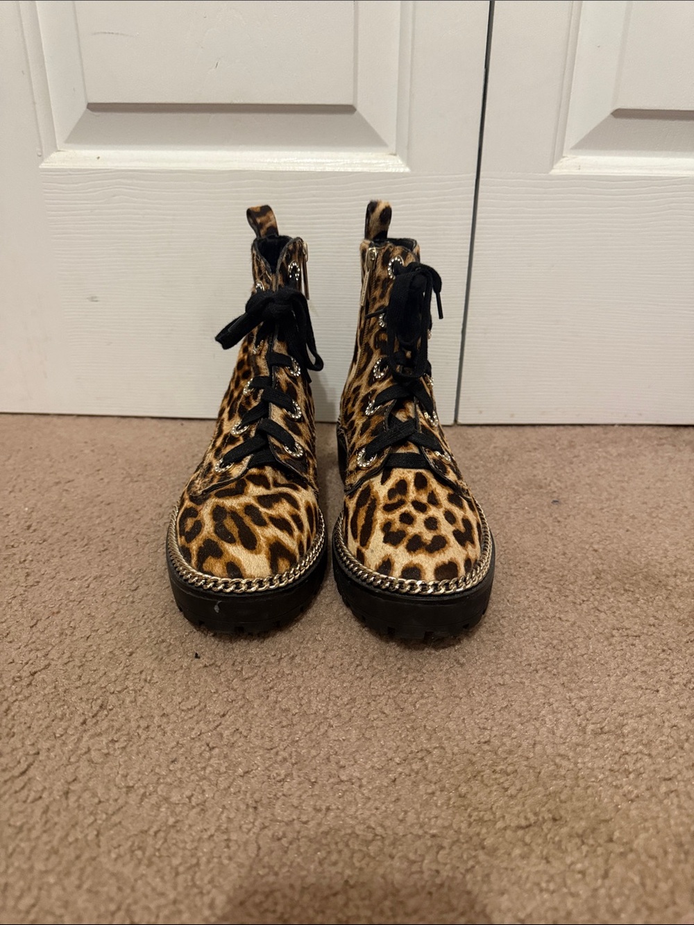 Gianni Bini Leopard Print Lace-Up Platform Boots with Black Laces